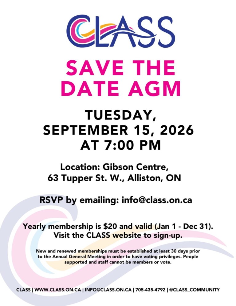 invite to the class agm on september 15 2026 at 7 pm at 63 Tupper St. W alliston please rsvp to info@class.on.ca