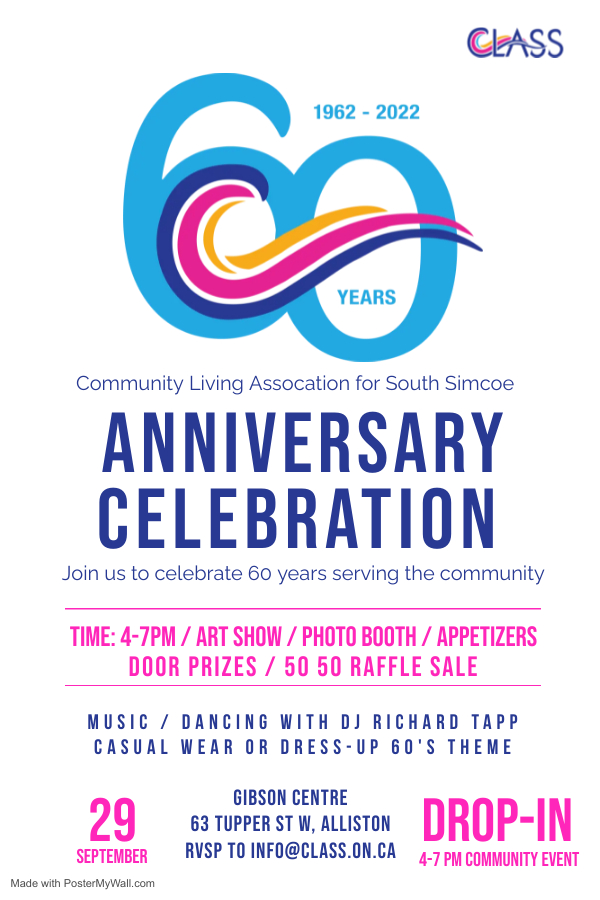 Flyer advertising the 60th anniversary event on September 29 from 4 to 7 pm. RSVP to info@class.on.ca