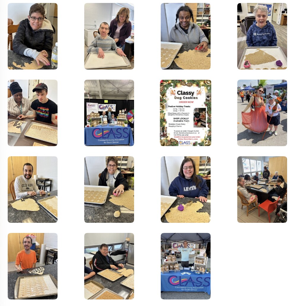 This photo shows all the people supported at class working in the dog cookie program with cookie cutting and shapes of coookies in front of them