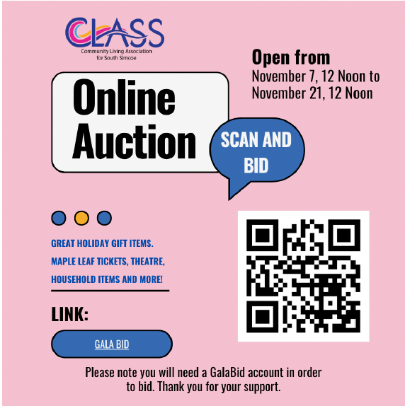 image shows information about the online class auction and QR code to scan to access the site